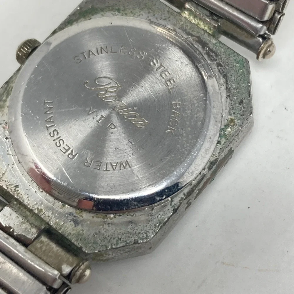 Vtg Ronica Watch Women 26mm Silver Tone Faceted Bezel Stretch Band New Batter 7